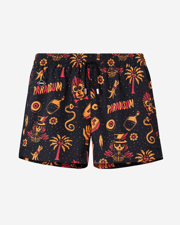 Black mid length swim trunks with red/yellow print