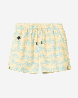 Yellow mid length swim trunks with green tiger print