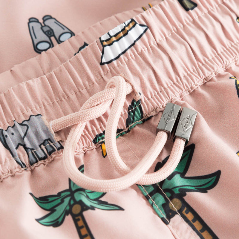 Drawstring waistband on beige swim trunks with multicolored safari print