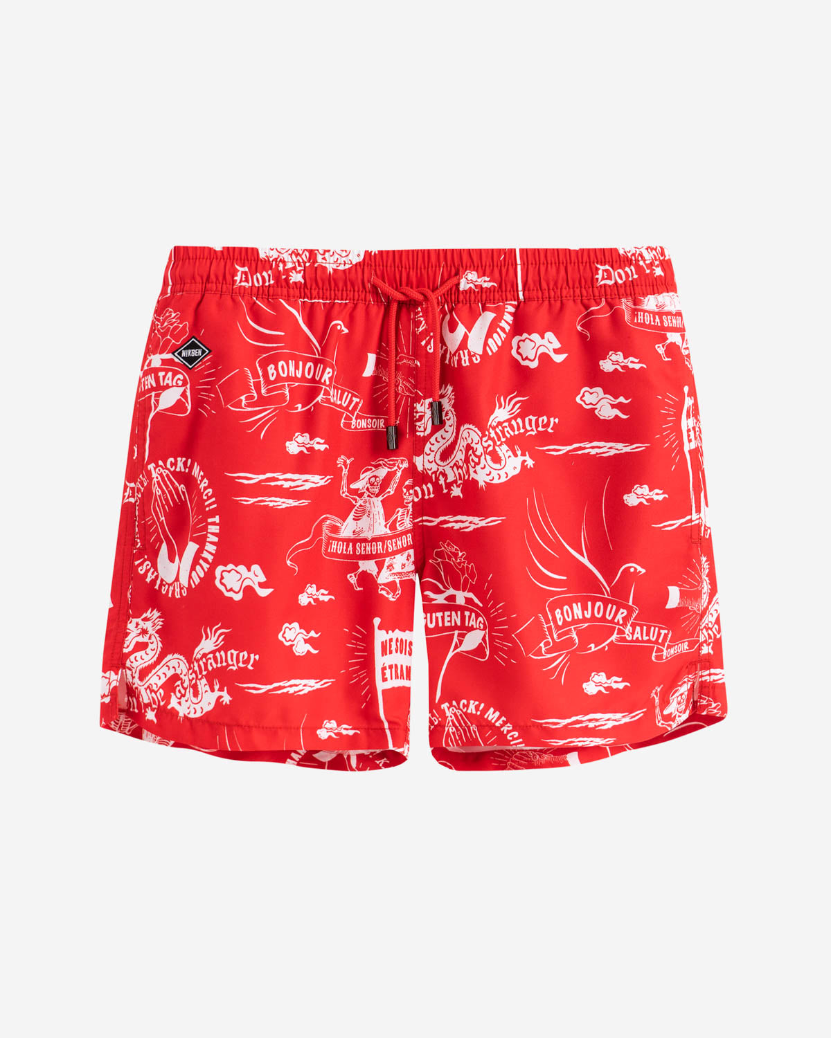 Red mid length swim trunks with white print