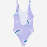 Open back on purple swimsuit with dolphins and text print  Edit alt text