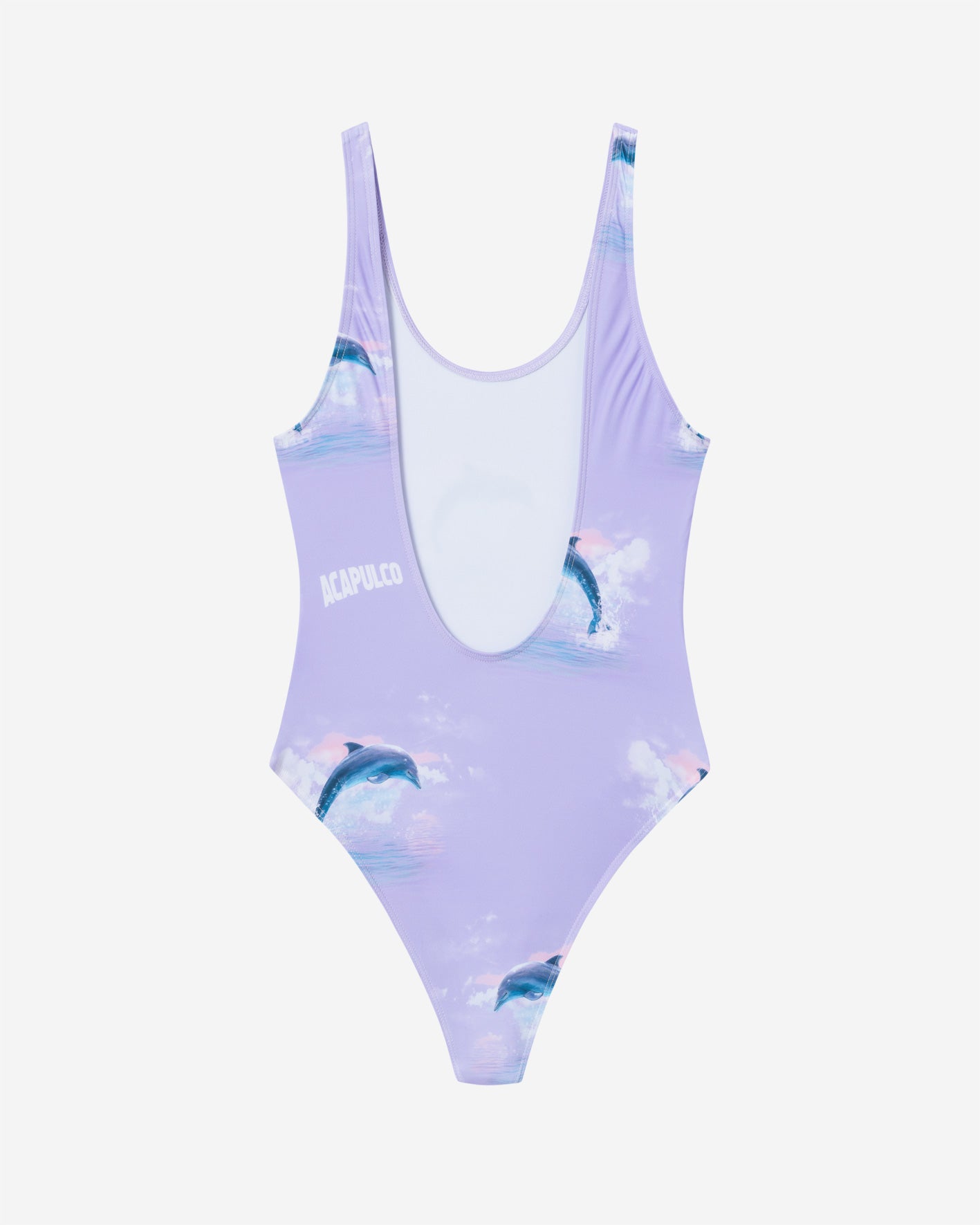 Open back on purple swimsuit with dolphins and text print  Edit alt text