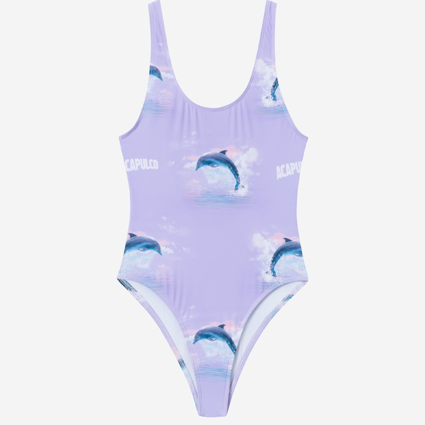 Purple swimsuit with dolphins and text print