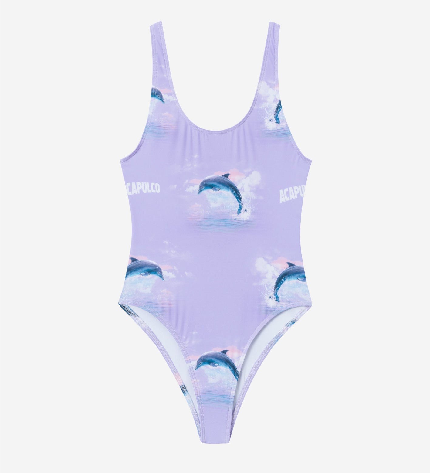 Purple swimsuit with dolphins and text print