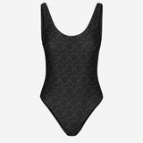 Black swimsuit with white text