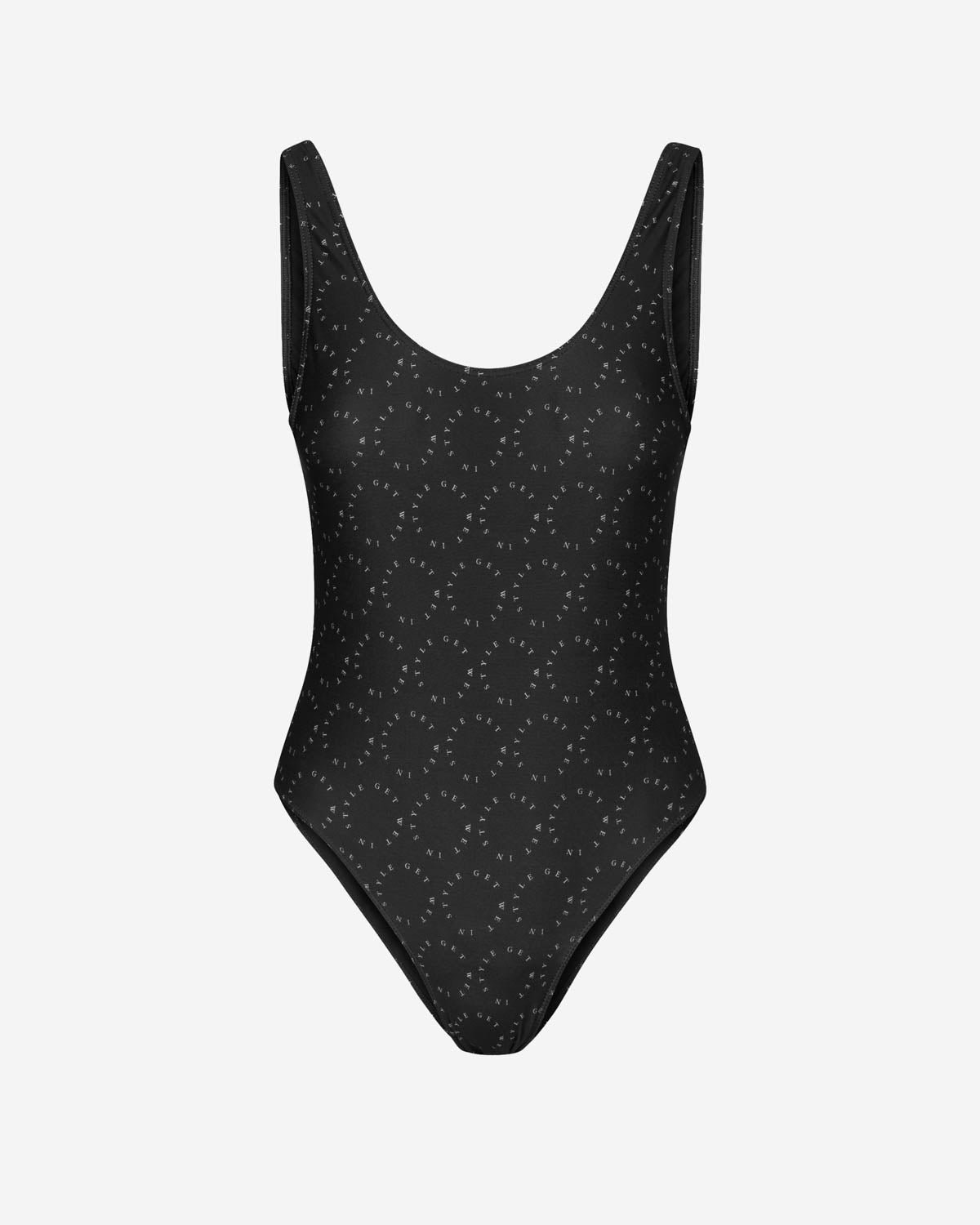 Black swimsuit with white text