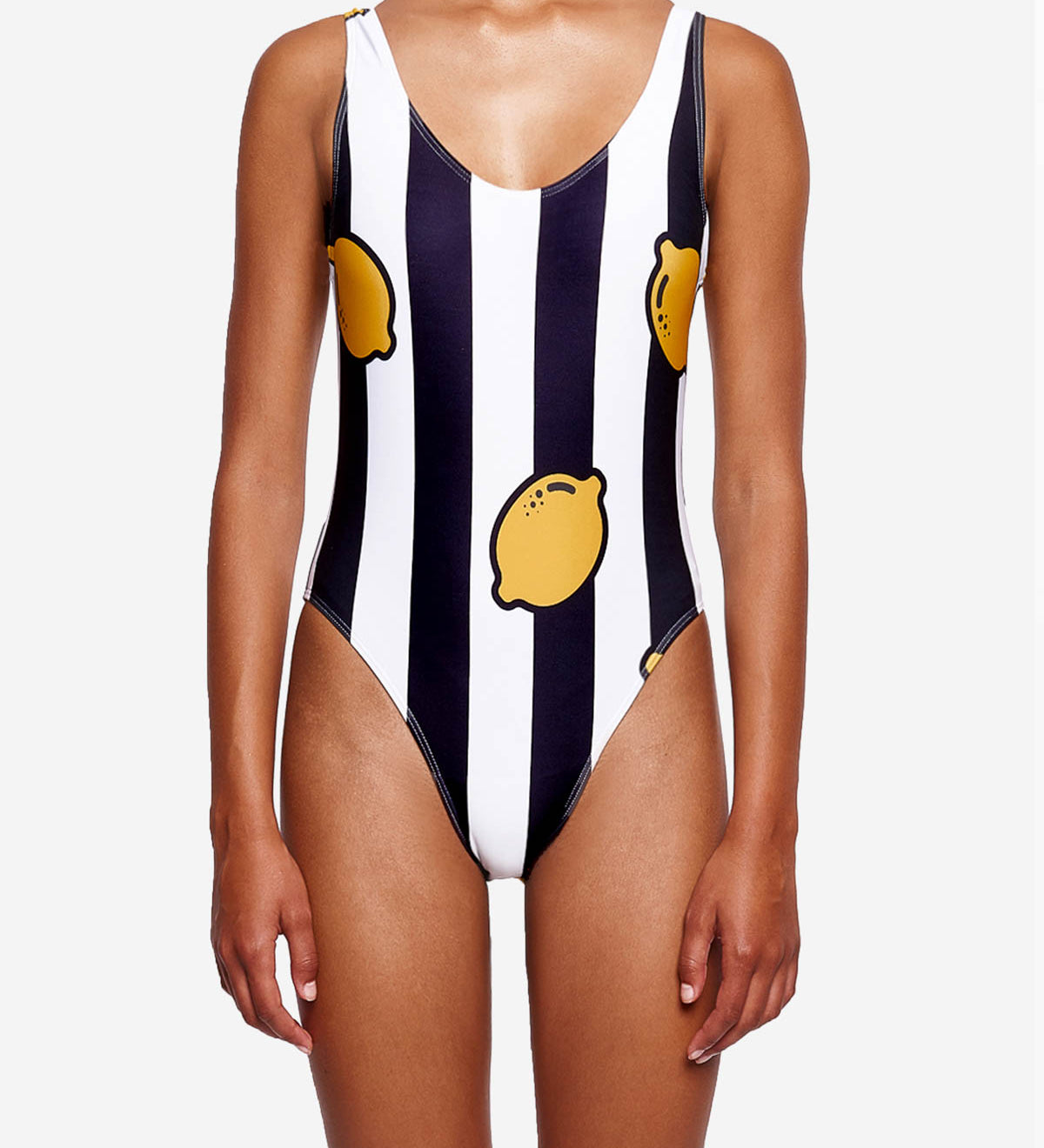 Model wearing black-white striped swimsuit with lemons