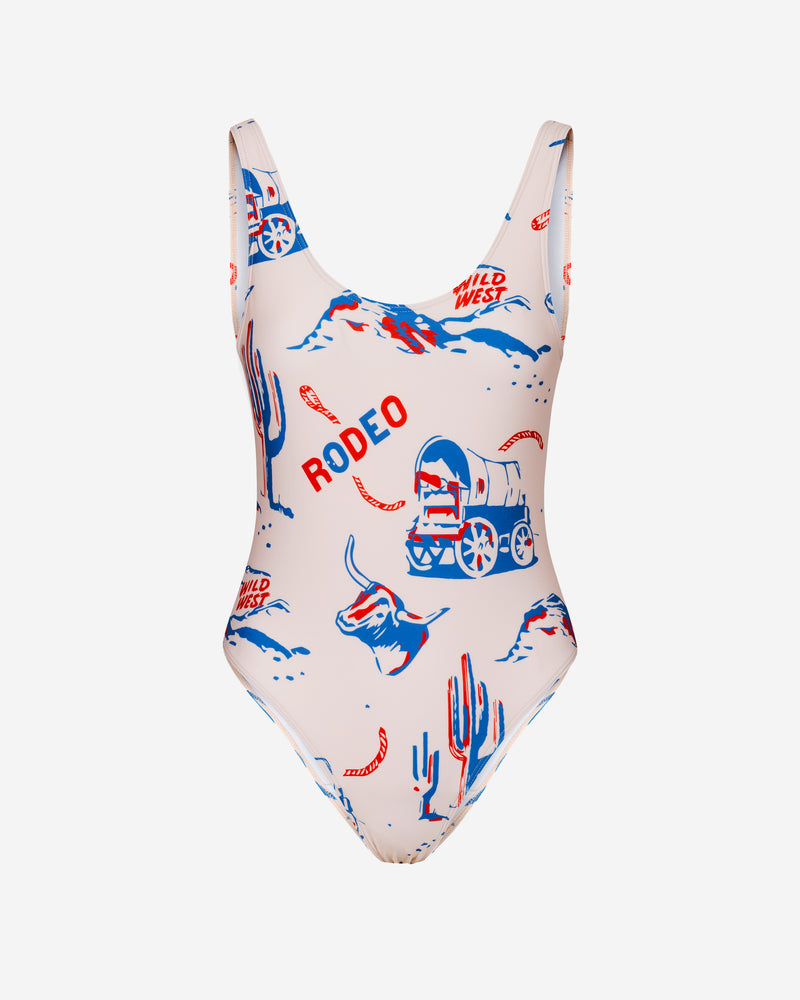 Beige swimsuit with red and blue prints