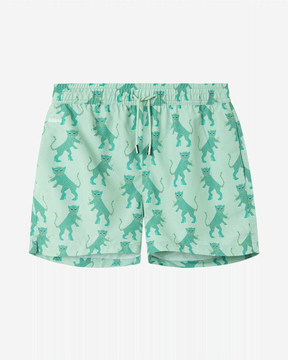 Green swim trunks with tiger print. Mid length with drawstring and two side pockets.