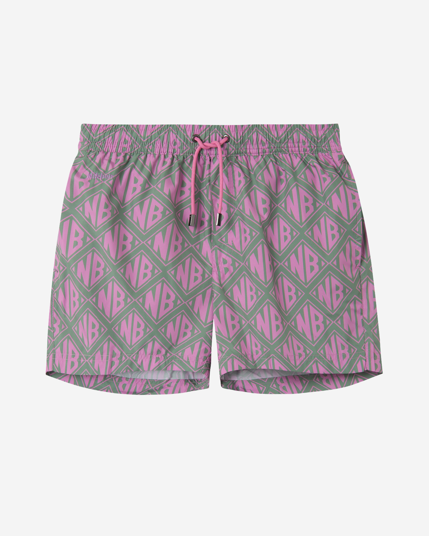 Olive and pink swim trunks with pink 