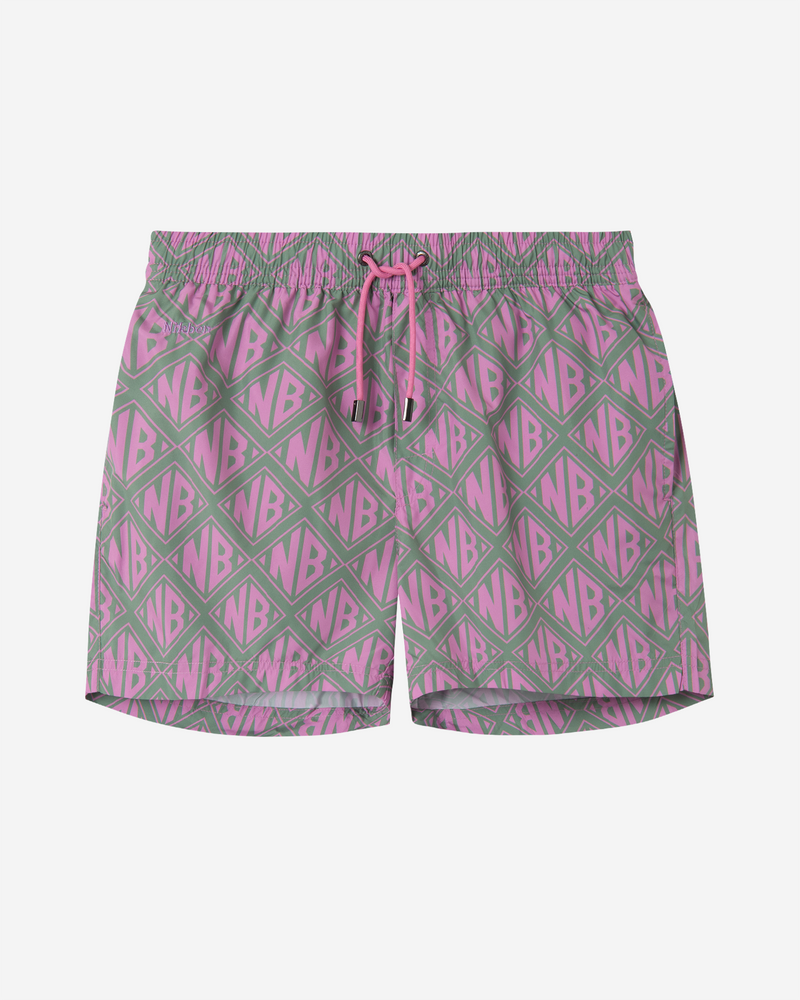 Olive and pink swim trunks with pink "NB" print. Mid length with drawstring and two side pockets.