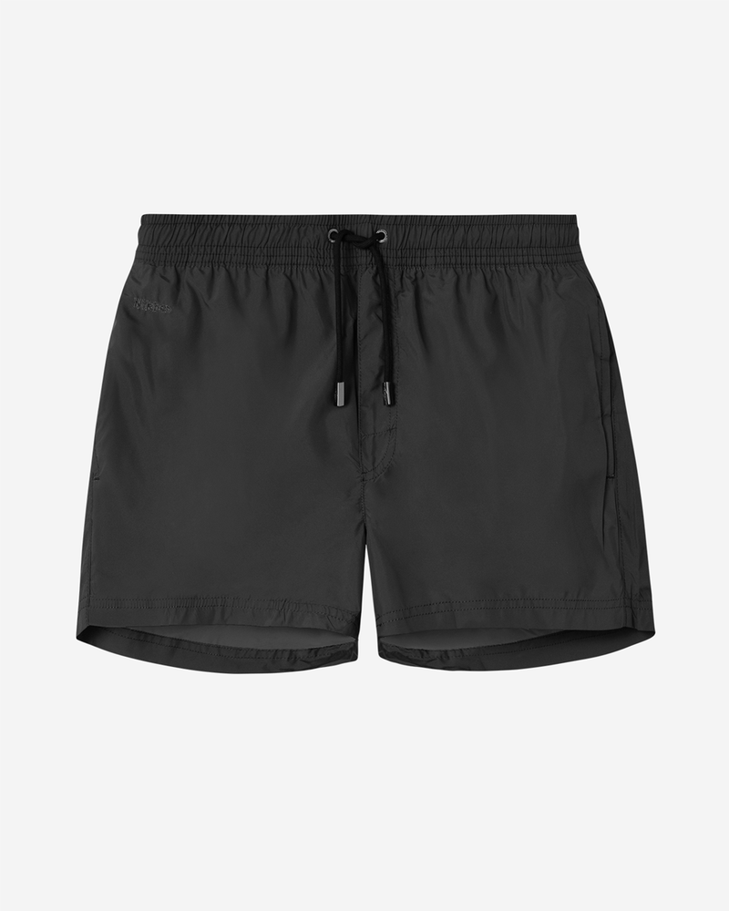 Black swim trunks. Mid length with drawstring and two side pockets.