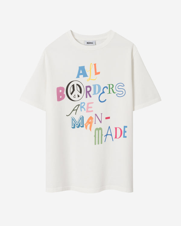 White t-shirt with multicolor text print