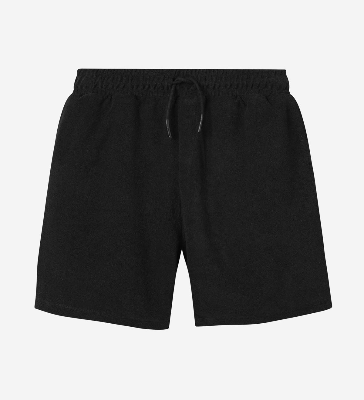 Black mid length shorts in terry toweling fabric with drawdtring and two side pockets.