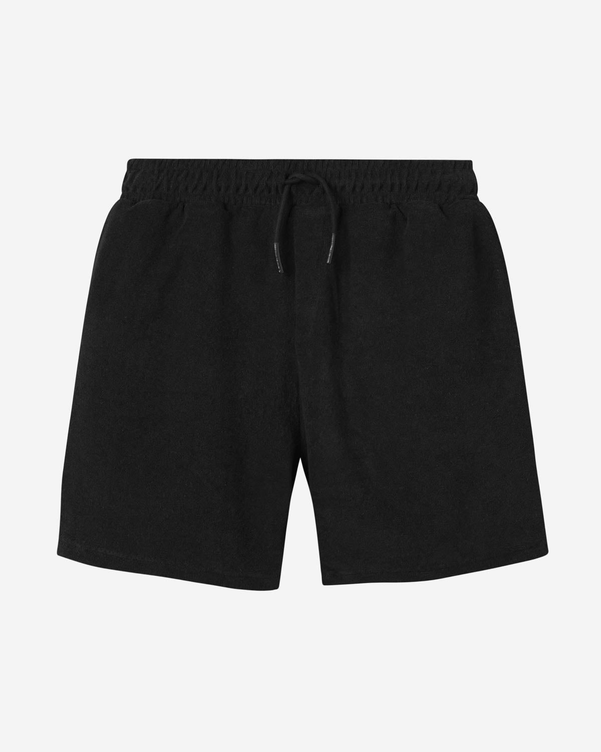Black mid length shorts in terry toweling fabric with drawdtring and two side pockets.