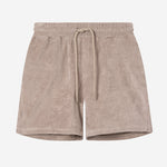 Light brown mid length shorts in terry toweling fabric with drawdtring and two side pockets.