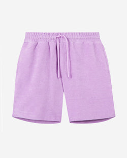 Purple mid length shorts in terry toweling fabric with drawdtring and two side pockets.
