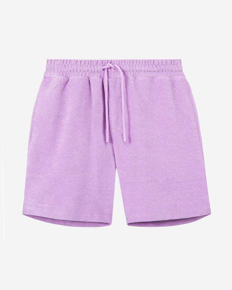 Purple mid length shorts in terry toweling fabric with drawdtring and two side pockets.