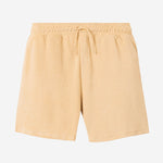 Beige mid length shorts in terry toweling fabric with drawdtring and two side pockets.