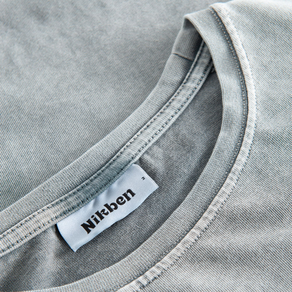 Close-up view of the round neck and stitchings on a grey t-shirt