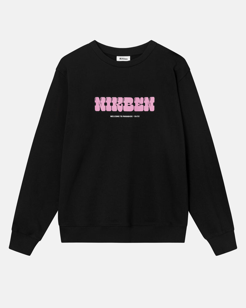 Black crew neck sweater with pink logo text on chest