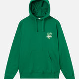 Green hoodie with mushroom print and text