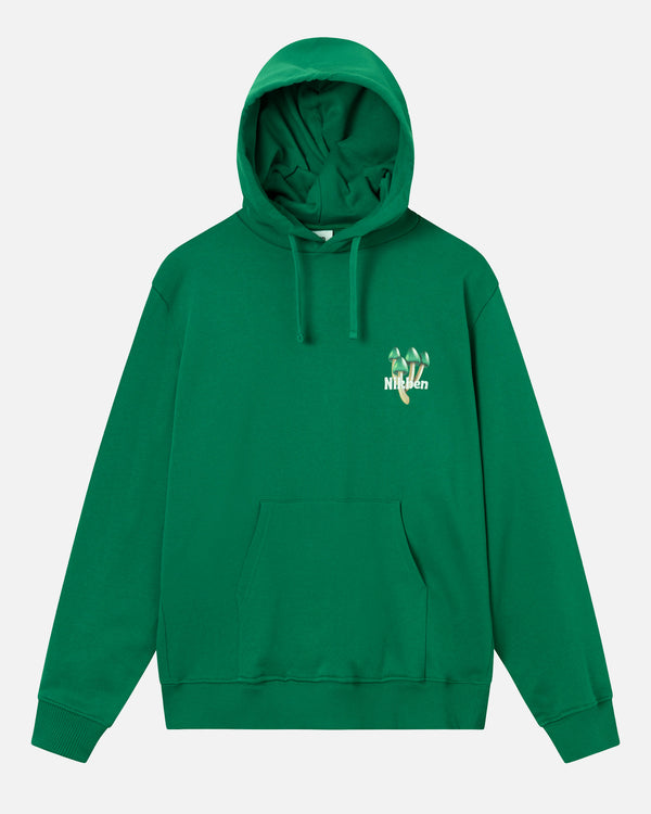 Green hoodie with mushroom print and text