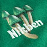 Green mushrooms and white text on green hoodie