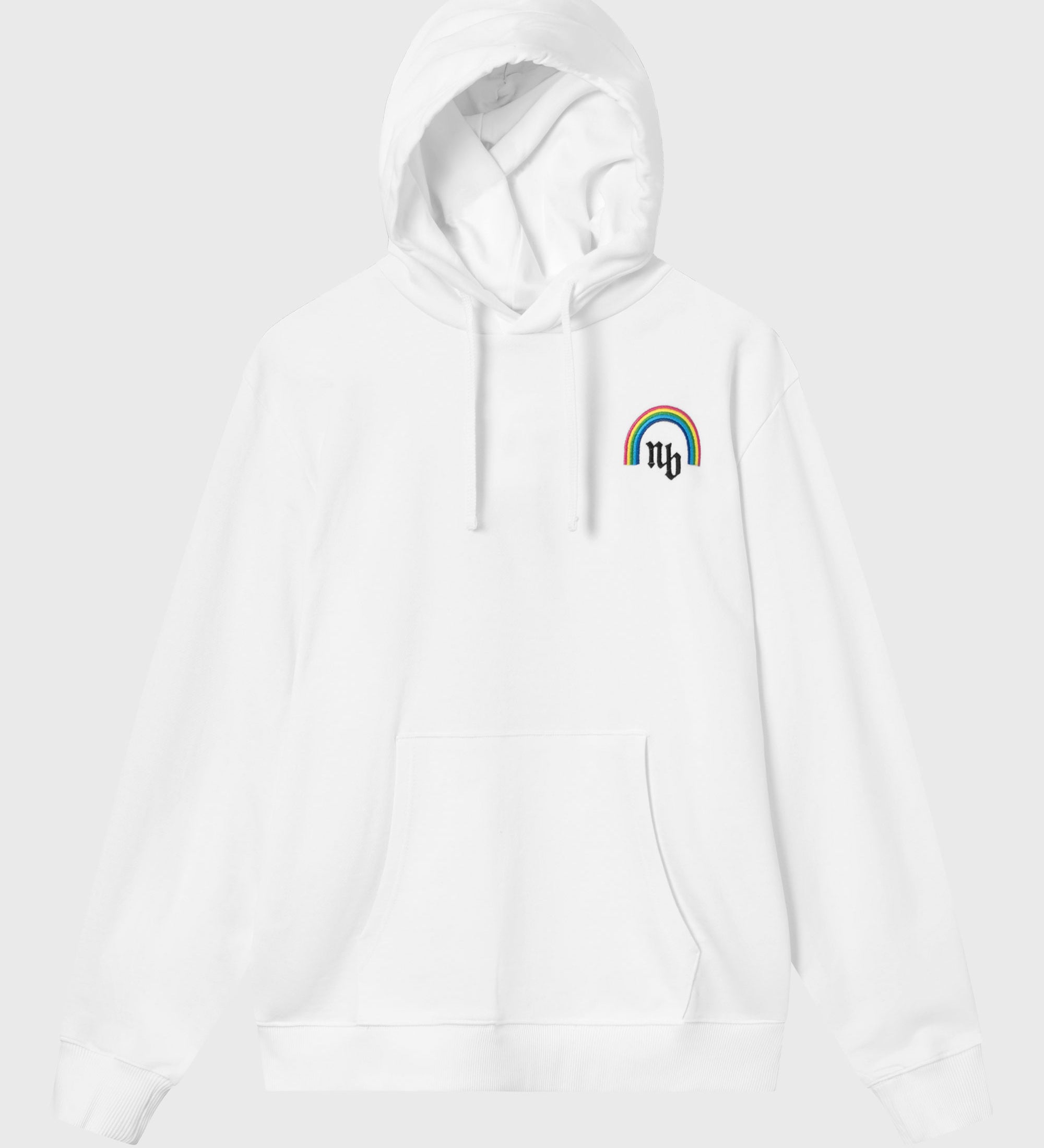 White hoodie with rainbow embroidery  Edit alt text