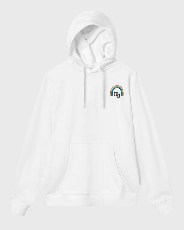 White hoodie with rainbow embroidery  Edit alt text
