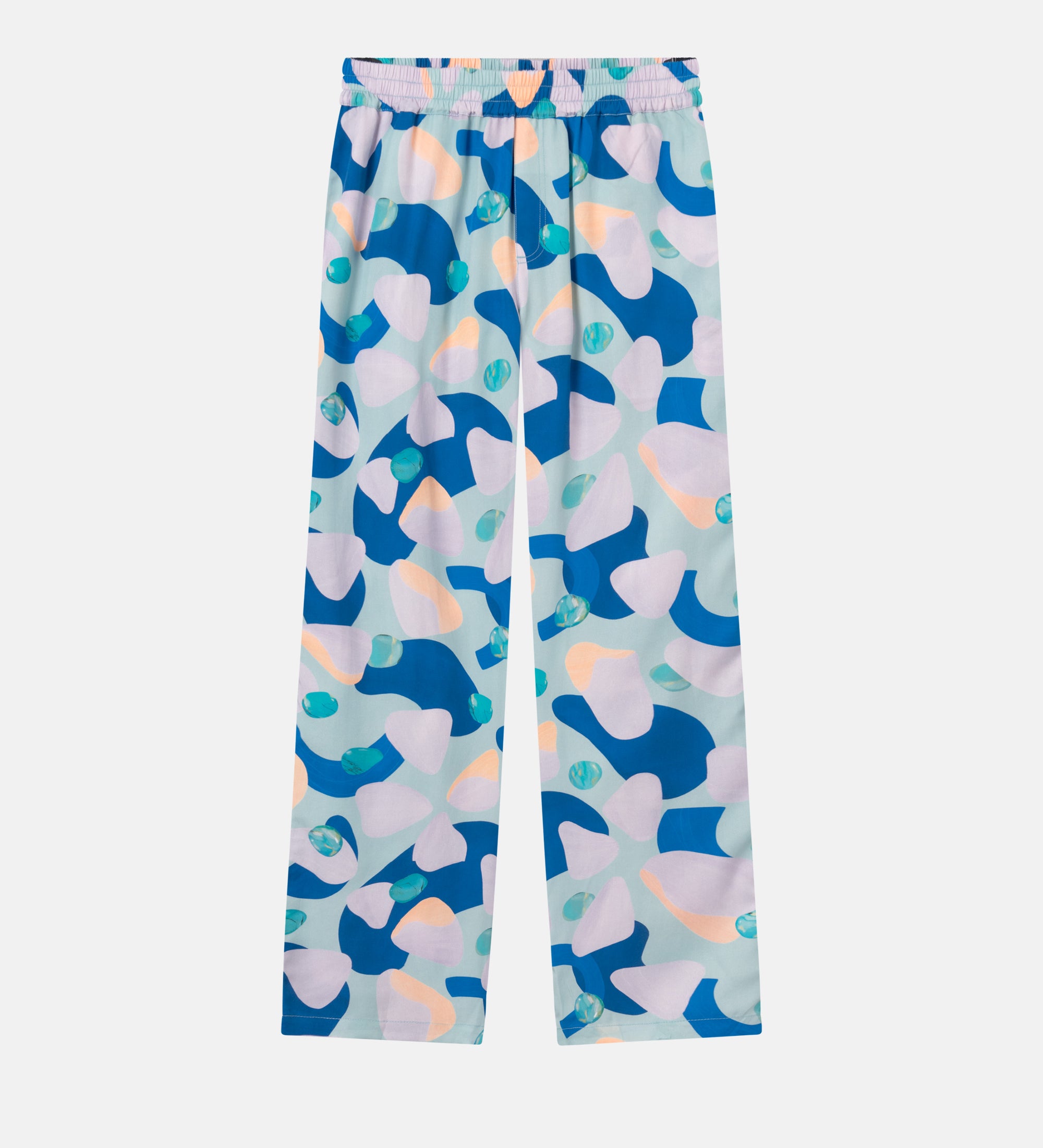 Vacation pants with a multi-colored graphic pattern, two front pockets, and an elastic drawstring.