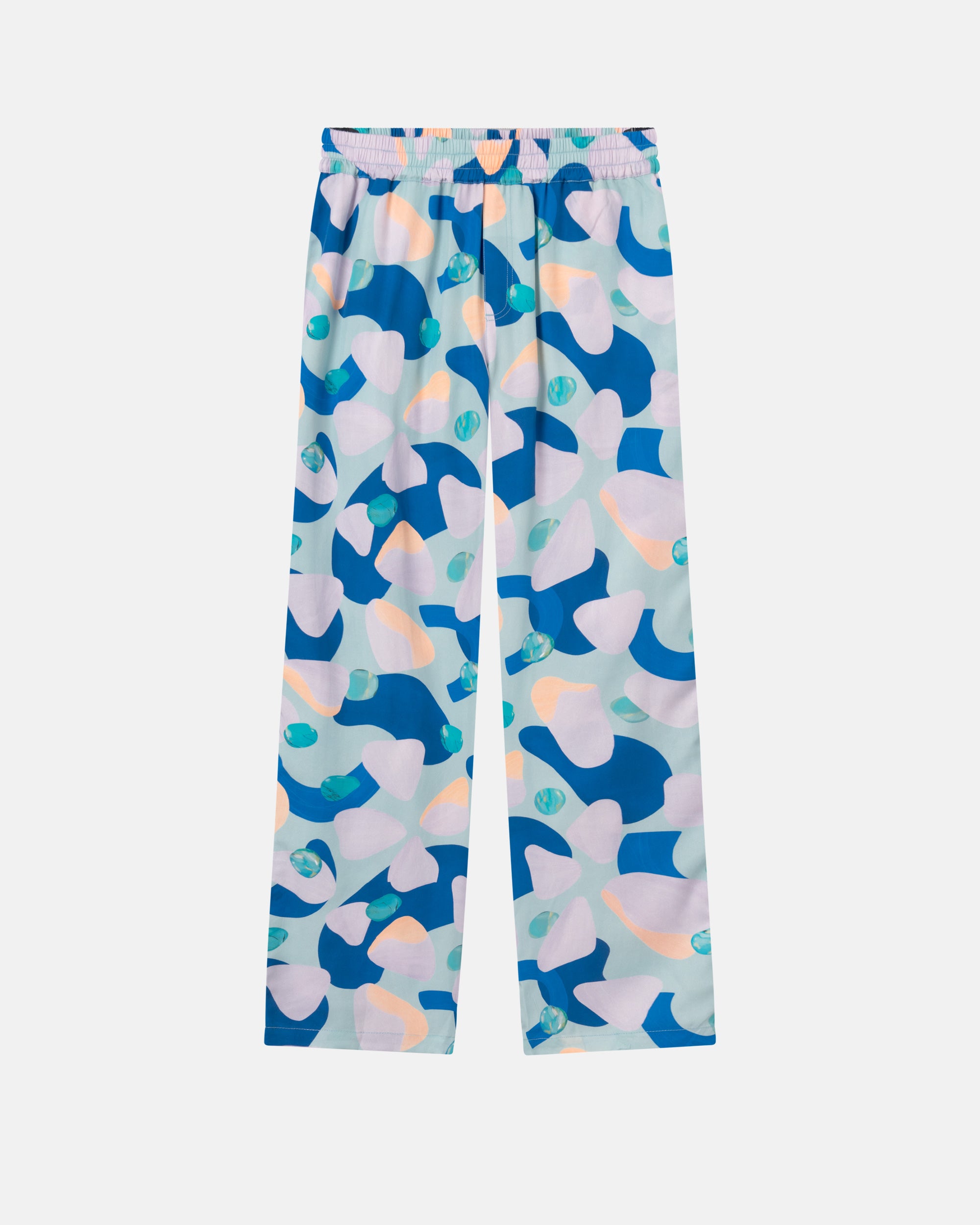 Vacation pants with a multi-colored graphic pattern, two front pockets, and an elastic drawstring.