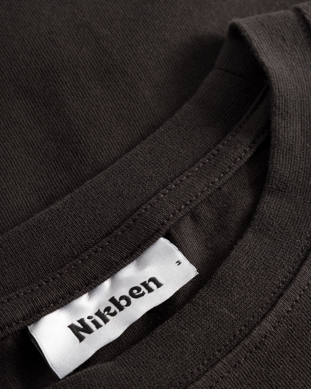 Close-up of round neck and stitching on black T-shirt