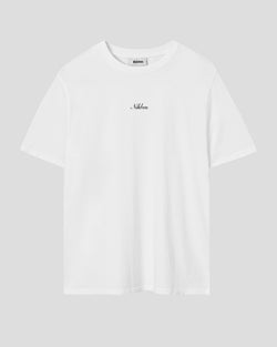 White t-shirt with black text print on chest