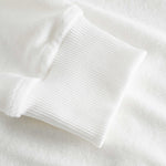 Close-up of ribbed cuffs on a white hoodie.