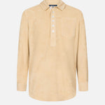 Beige long sleeve shirt in terry toweling fabric with half button closure and one chest pocket