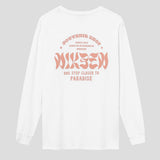 Back view of white long-sleeved t-shirt with large orange text print on the back.