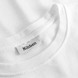 Close-up of round neck and stitching on white T-shirt