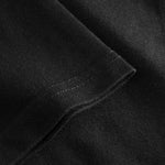 Close-up view of sleeve and stitchings on a black t-shirt