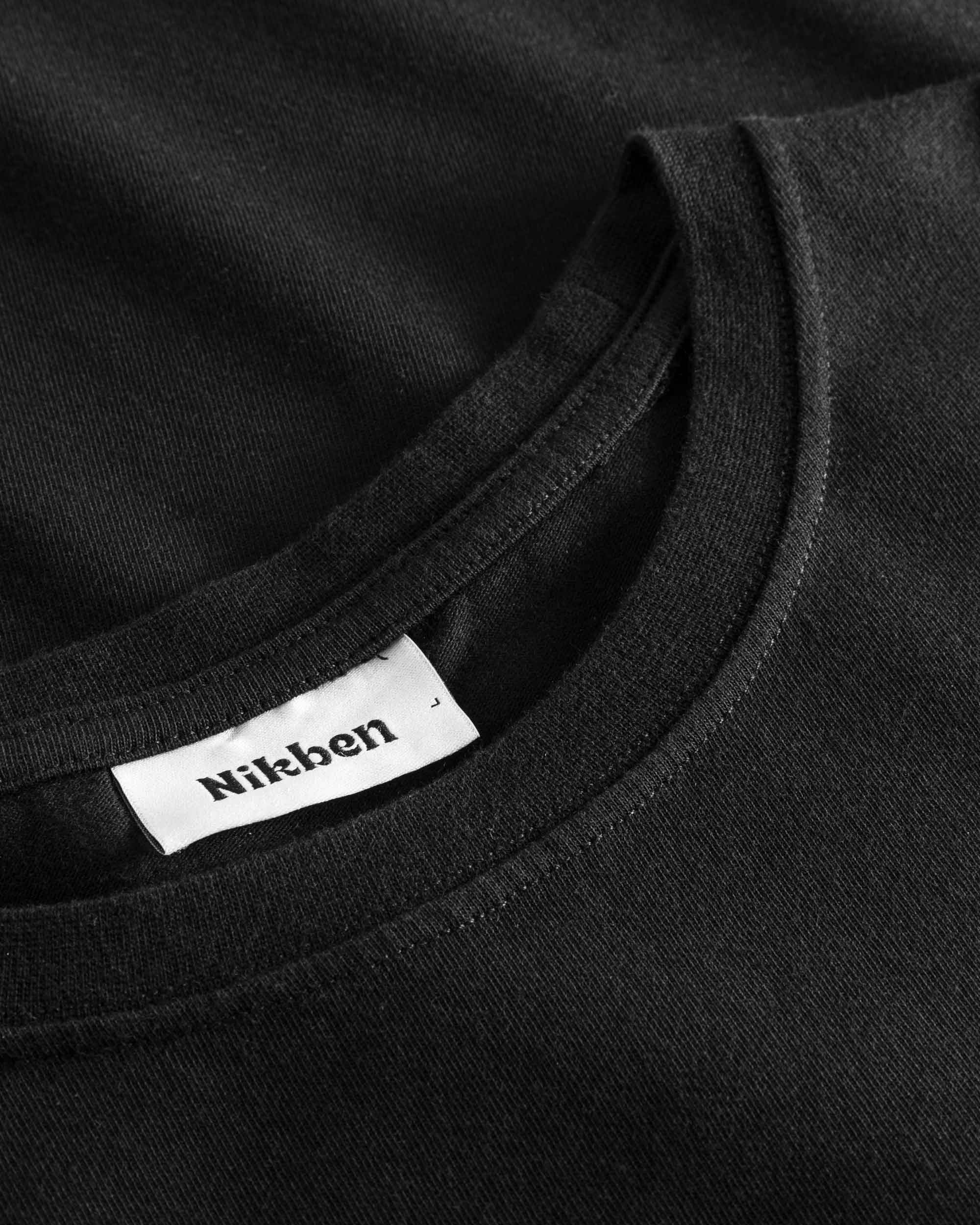 Close-up view of the round neck and stitchings on a black t-shirt