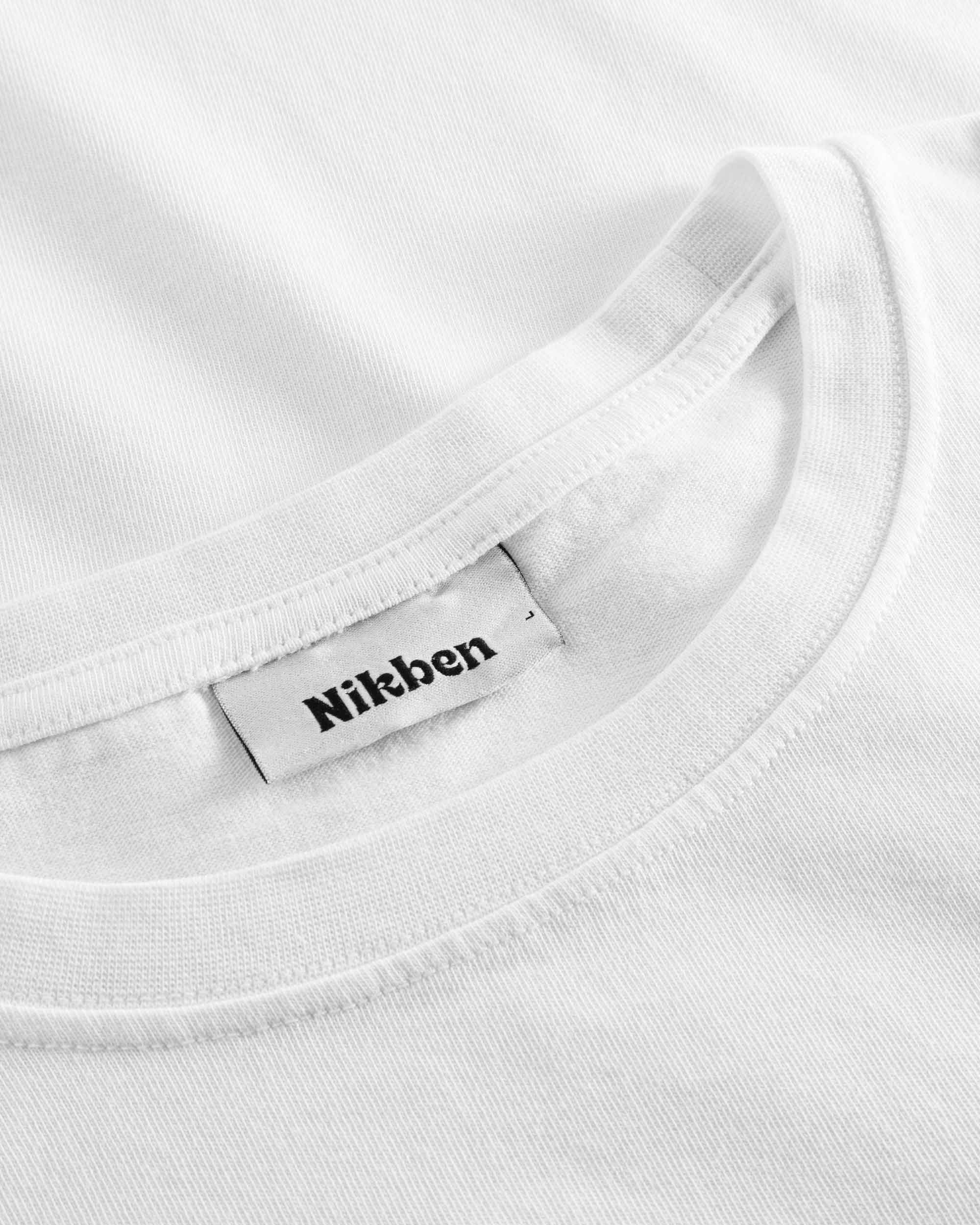 Close-up of round neck and stitching on white T-shirt