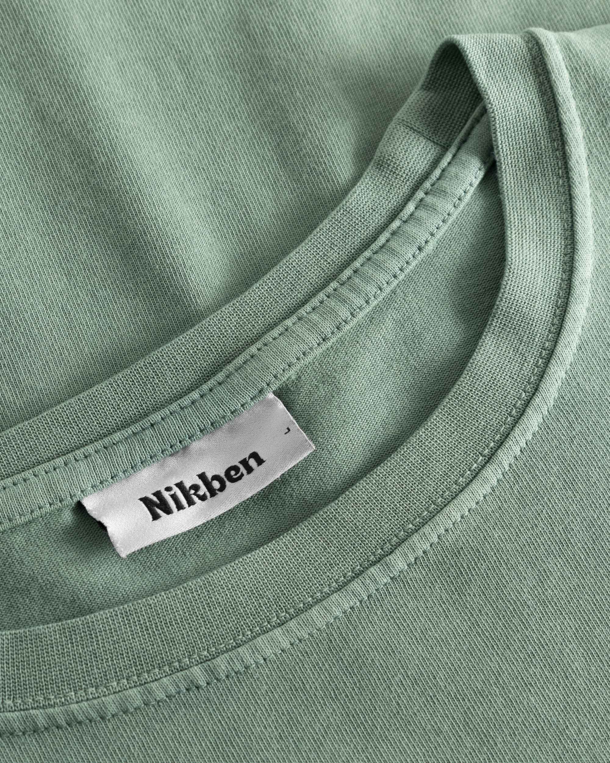 Close-up view of the round neck and stitchings on a green t-shirt