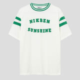 White t-shirt with green "Sunshine" print on the chest.