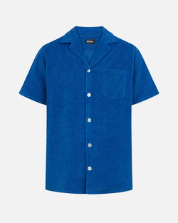 Blue short sleeve shirt with white button closure and one chest pocket