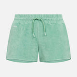 Grey-green low cut shorts in terry toweling fabric with drawstring and two side pockets.