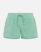 Grey-green low cut shorts in terry toweling fabric with drawstring and two side pockets.