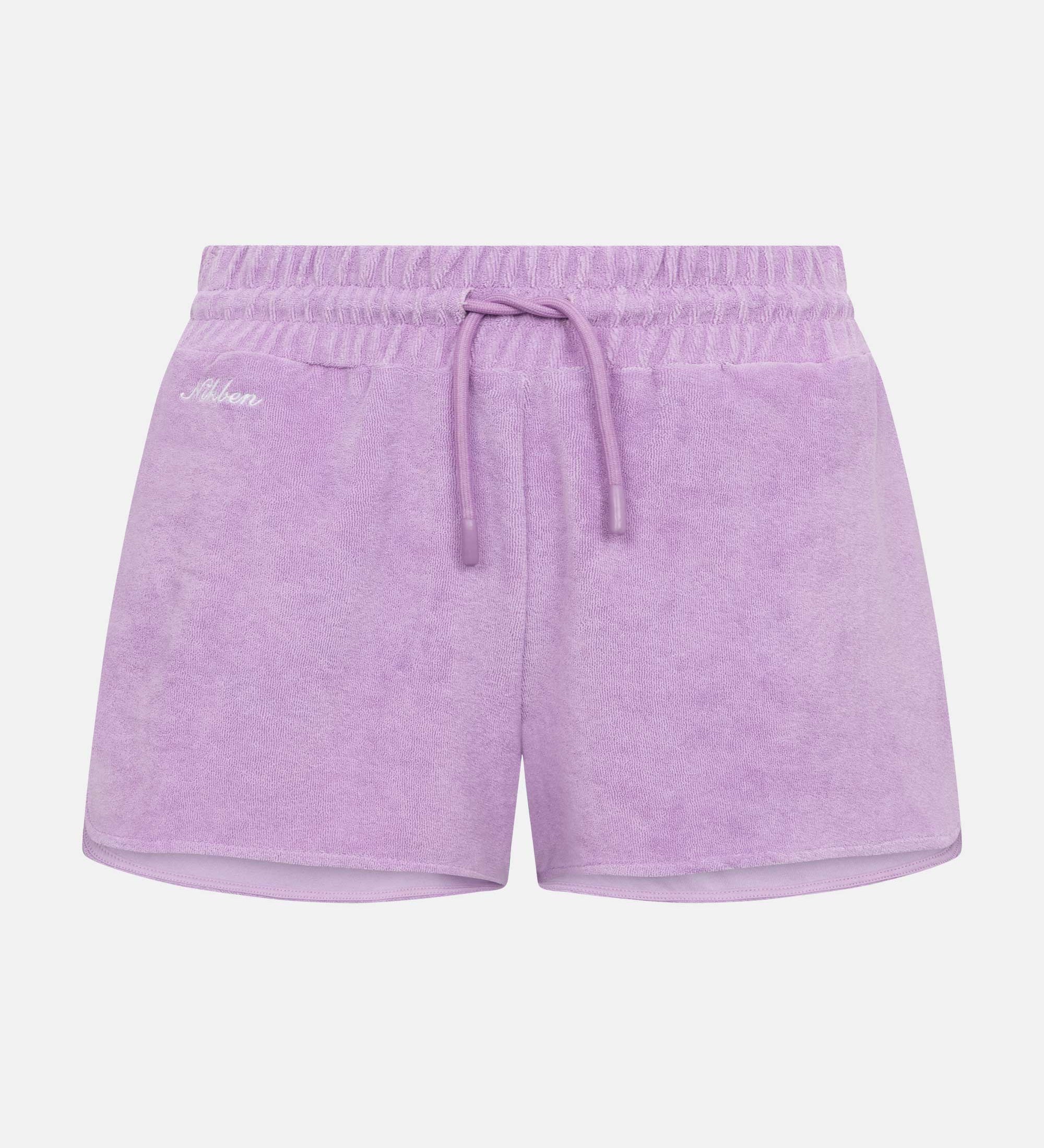 Purple low cut shorts in terry toweling fabric with drawstring and two side pockets.