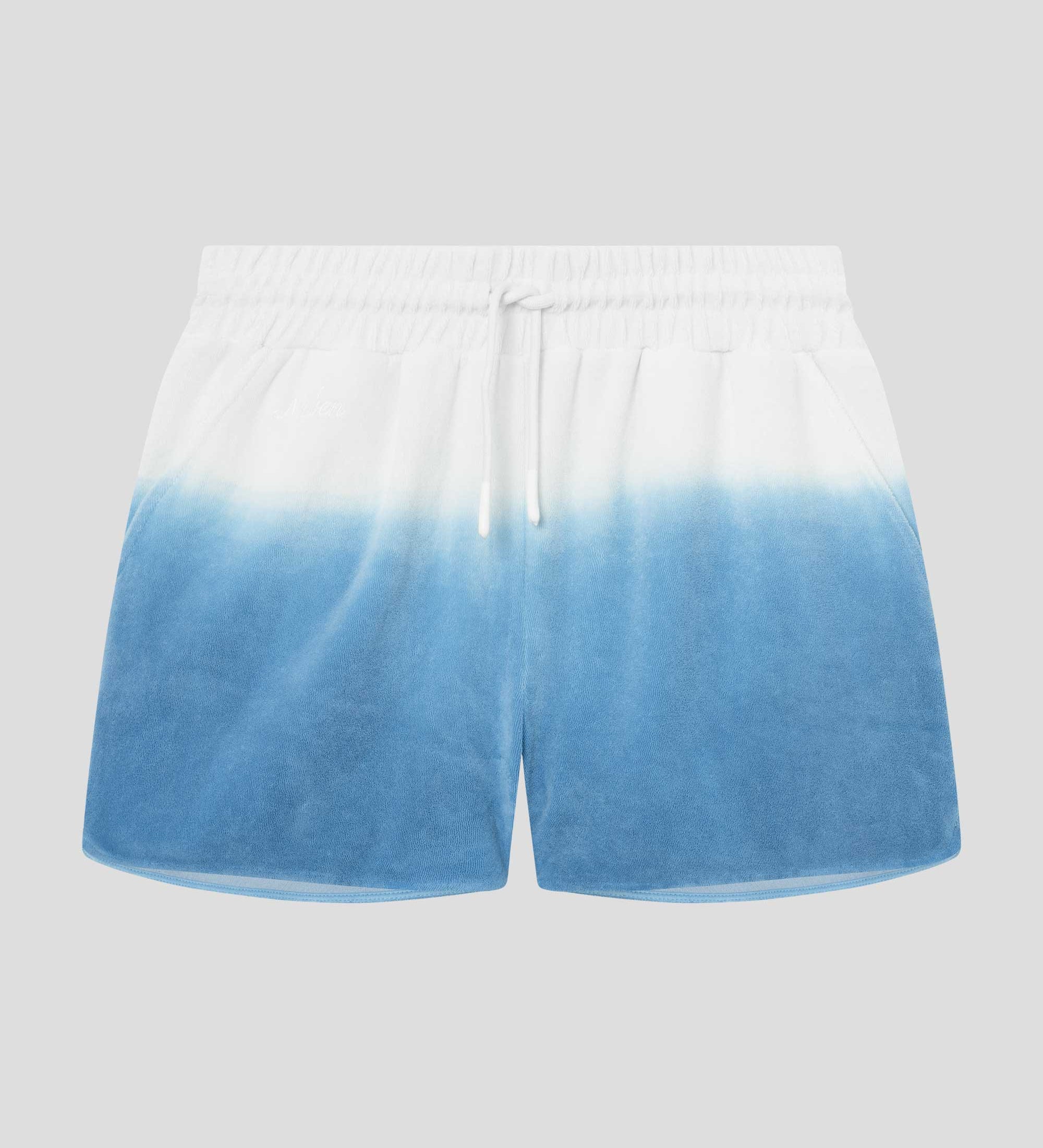 White and sky blue low cut shorts in terry toweling fabric with drawstring and two side pockets.