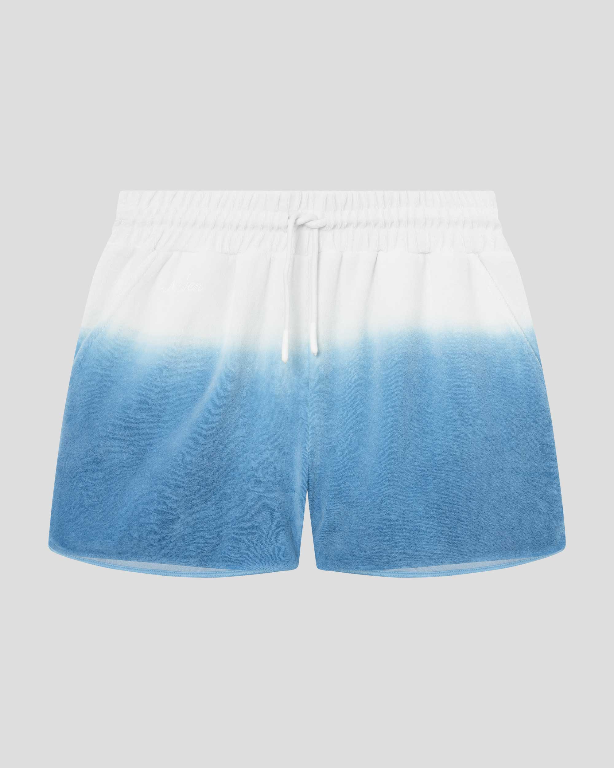 White and sky blue low cut shorts in terry toweling fabric with drawstring and two side pockets.