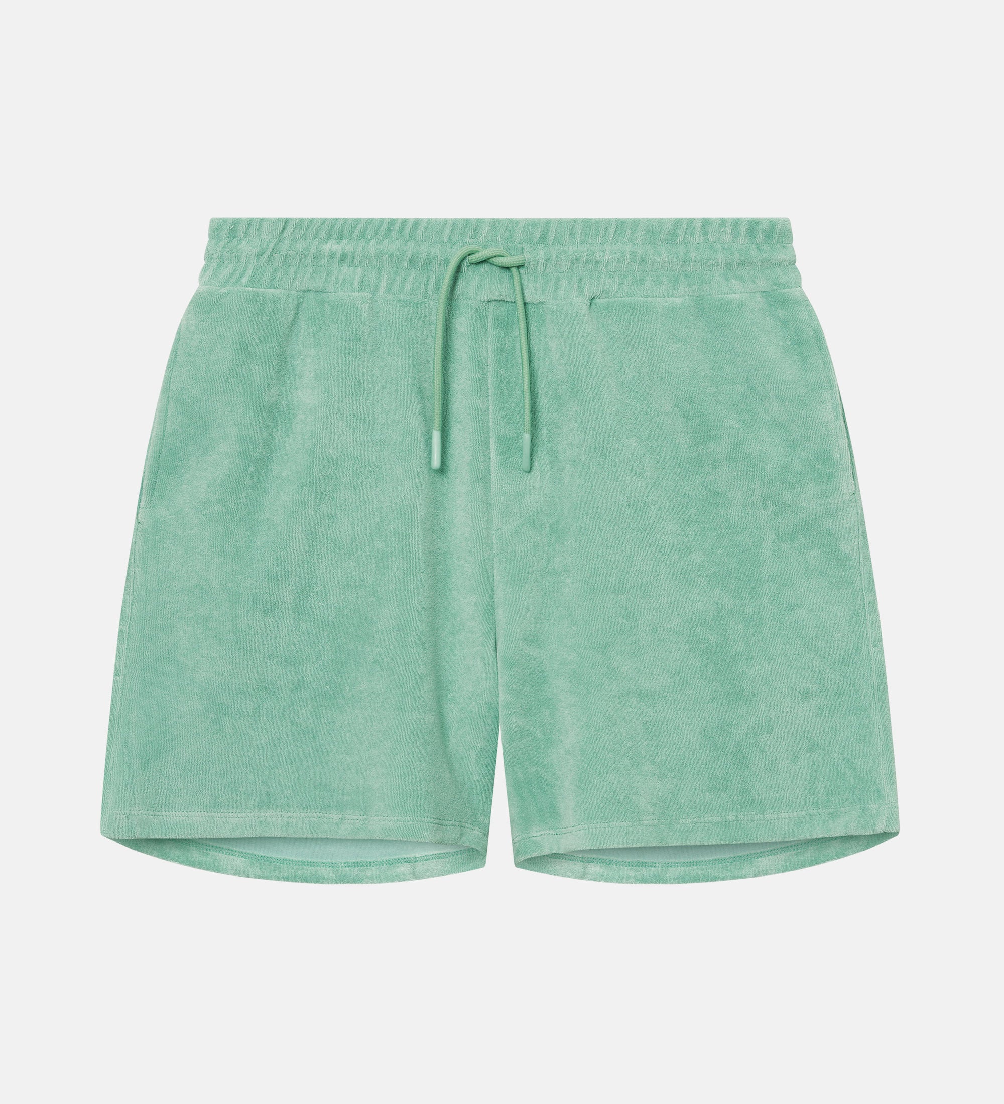 Grey-green mid length shorts in terry toweling fabric with drawdtring and two side pockets.
